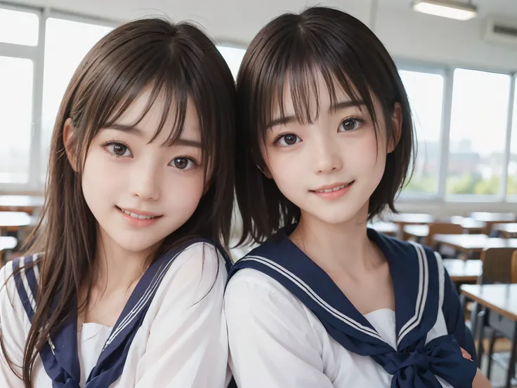 ((Two girls standing side by side)), ((sailor suit)), (portrait), (((The girl on the left has large breasts, The girl on the right has small breasts:1.4, The girl on the left has short hair, The girl on the right has long hair, The girl on the left has a c...