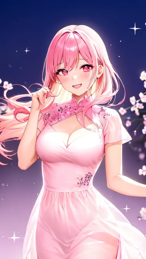 1 woman, pink hair, looking at viewer:1.1, eyes is gazng to viewer:1.1,  cherry blossom, furisode like chiffon dress,  embroidery inspired by cherry blossoms, a captivating gentle smile, eyes shimmering with a mysterious sense of happiness, The cherry tree...