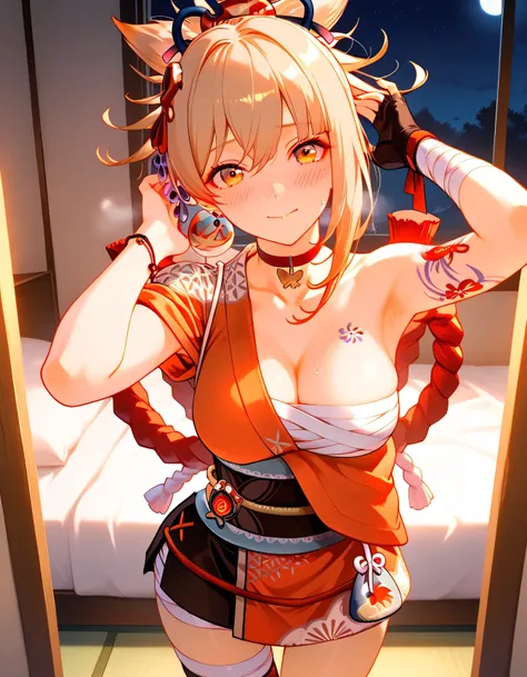 nighttime, Light from the moon, bedroom, (masterpiece, best quality:1.2), Yoimiya, 1girl,beautiful, looking at viewer, Pleasure, excitement, Panting, rutting , Glamorous, erotic, mature, Embarrassed, shy ,Emphasize beautiful faces, head tilt, heavy breathi...