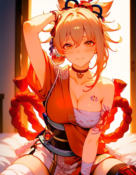 nighttime, Light from the moon, Dim light, bedroom, (masterpiece, best quality:1.2), Yoimiya, 1girl,beautiful, looking at viewer, Pleasure, excitement, Panting, rutting , Glamorous, erotic, mature, Embarrassed, shy ,Emphasize beautiful faces, head tilt, he...
