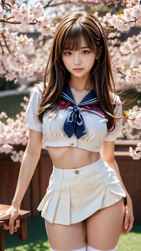 (high school girl sailor uniform:1.4),shirt,red tie,Cardigan,navy blue blazer,(Best Quality),((very detailed)),4K,(8k),masterpiece,very detailed,Best Quality, super resolution, sexy, 1 girl,1 person,152cm,(Background-Cherry Blossom Trees:1.4),very pretty f...
