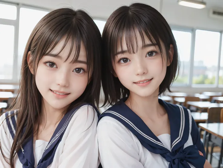 ((Two girls standing side by side)), ((sailor suit)), (portrait), (((The girl on the left has large breasts, The girl on the right has small breasts:1.4, The girl on the left has short hair, The girl on the right has long hair, The girl on the left has a c...