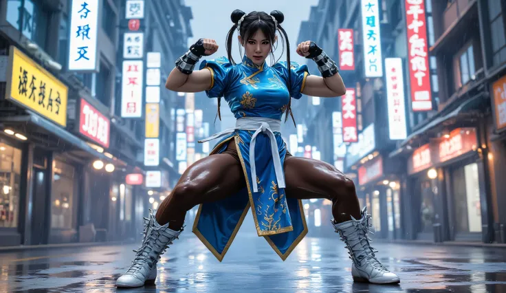 A highly detailed, cinematic, live-action shot of Chun-Li, A beautiful, fierce and determined female martial artist stands ready for battle, her agile physique emphasized by her confident stance. She wears her iconic blue qipao with golden embroidery, high...