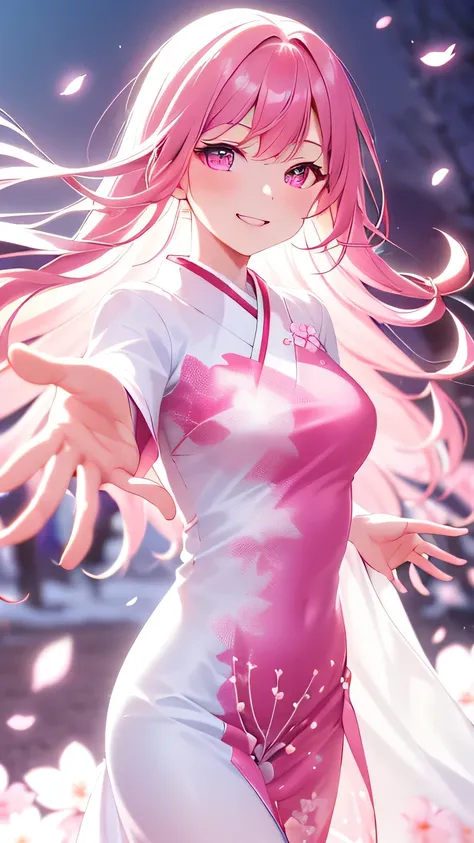 1 woman:1.2, pink hair, looking at viewer:1.1, eyes is gazng to viewer:1.1,  cherry blossom, furisode like chiffon dress,  embroidery inspired by cherry blossoms, a captivating gentle smile, eyes shimmering with a mysterious sense of happiness, both hands ...