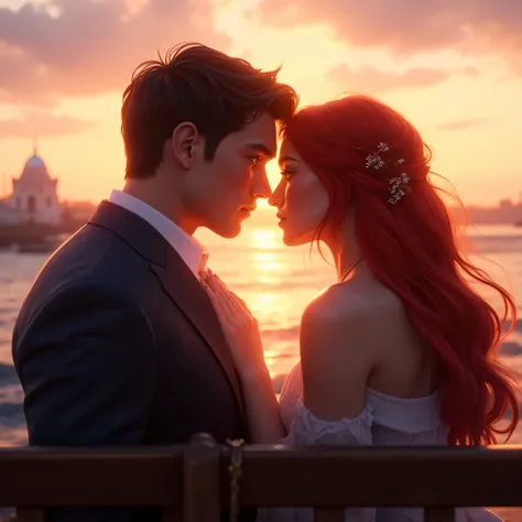 "İstanbul City Eminönü, A romantic sunset scene on the beach. A red-haired woman with striking blue eyes sits on a wooden bench beside a black-haired man with deep navy-blue eyes. The warm hues of the setting sun cast a golden glow on their faces. The oce...