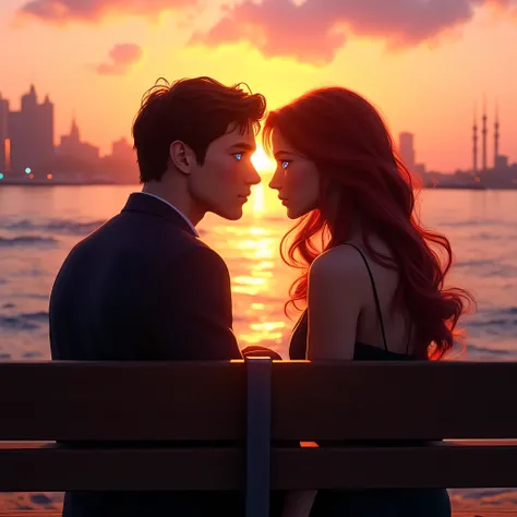 "İstanbul City Eminönü, A romantic sunset scene on the beach. A red-haired woman with striking blue eyes sits on a wooden bench beside a black-haired man with deep navy-blue eyes. The warm hues of the setting sun cast a golden glow on their faces. The oce...