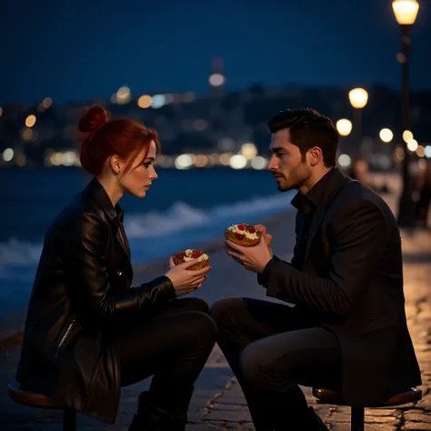 "İstanbul City Eminönü, A nighttime beach scene with a peaceful yet intimate atmosphere. A blue-eyed woman with red hair tied up in a bun sits on a small chair, wearing a black jacket and black jeans. Beside her, a black-haired man with deep navy-blue eye...