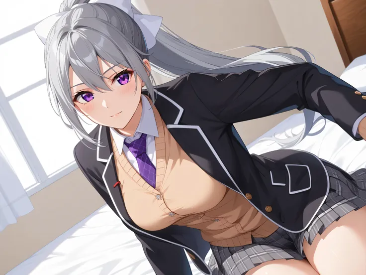 1woman,best quality,ultra-detailed,high resolution,extremely detailed CG,unity 8k wallpaper,score_9, score_8_up, score_7_up, source_anime,hk1, purple eyes, grey hair, hair between eyes, long hair,ponytail, bow, white bow,shirt, cardigan, jacket, black jack...