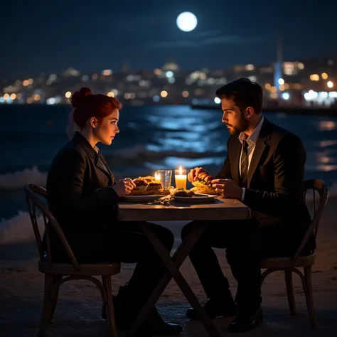 "İstanbul City Eminönü, A nighttime beach scene with a peaceful yet intimate atmosphere. A blue-eyed woman with red hair tied up in a bun sits on a shabby small table and chair, wearing a black jacket and black jeans. Beside her, a black-haired man with ...
