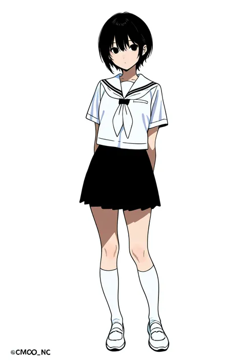 Women high school student black hair black eyes anime full body seen from afar background white white background uniform