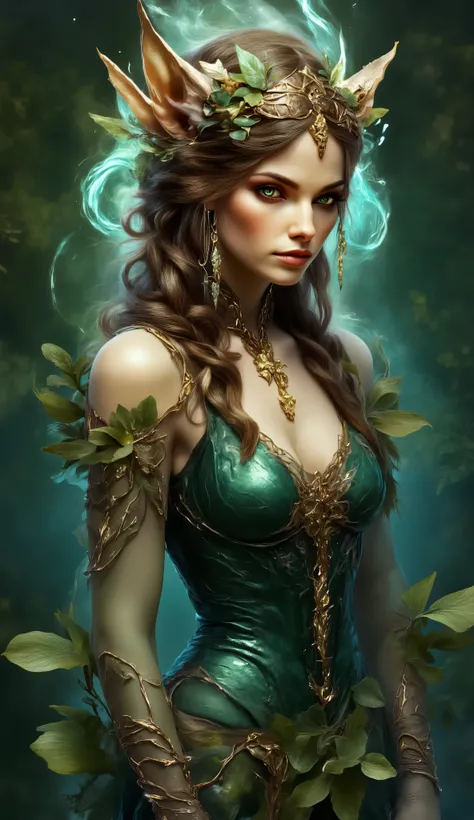 Gothic image. high quality 4K, high detail; Smoky ghostly silhouette of a naked woman poses erotically; thin translucent dress with deep cuts on the hips, slim athletic body with size 4 breasts; glowing eyes, hair and clothes develop in the wind; dark dens...