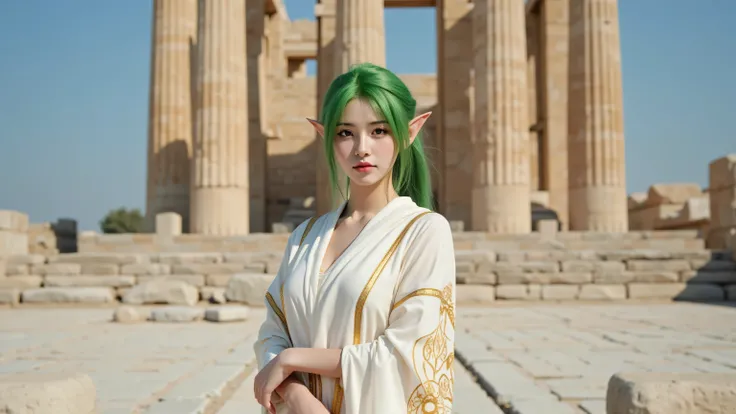 A petite elf girl with vibrant green hair, delicate features, and fair skin stands gracefully. Her pointed ears peek through her soft green hair, emphasizing her enchanting presence. In front of an ancient Greek temple, a woman dressed in traditional Greek...
