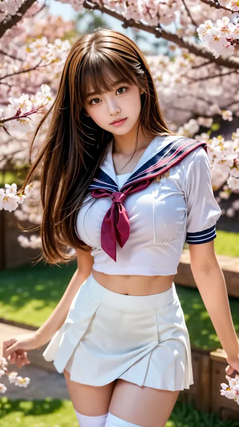 (high school girl sailor uniform:1.4),shirt,red tie,Cardigan,navy blue blazer,(Best Quality),((very detailed)),4K,(8k),masterpiece,very detailed,Best Quality, super resolution, sexy, 1 girl,1 person,152cm,(Background-Cherry Blossom Trees:1.4),very pretty f...