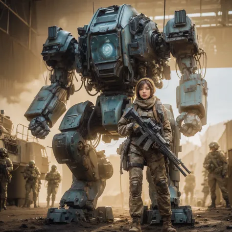 Giant robot weapons like ARMORED CORE have been damaged、A beautiful Japanese woman from the Allied Special Forces wearing worn heavy combat armor beside it、energy backpack、Realistic Near Future、realistic expression、Futuristic headgear、 Accurate and Detaile...