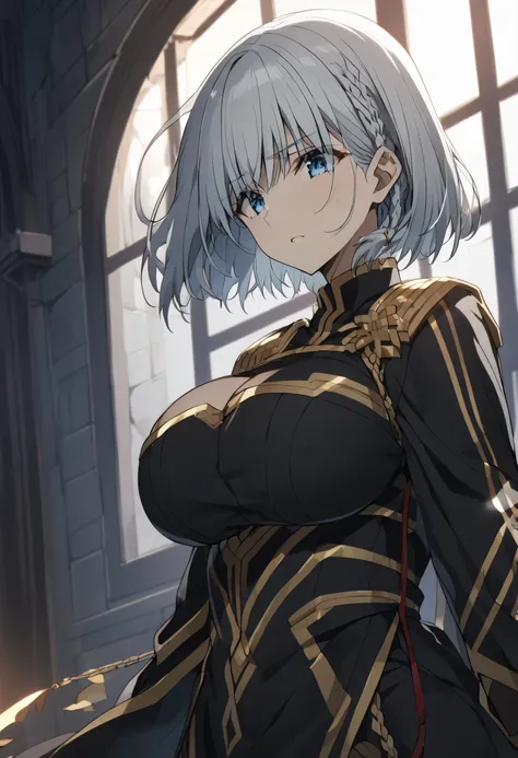 beta, short hair, blue eyes, braid, grey hair, The Eminence in Shadow,(kage no jitsuryokusha ni naritakute!),Big Breasts