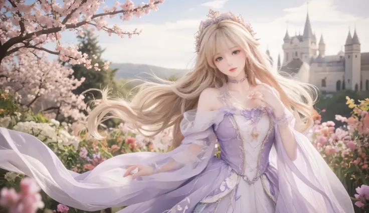Masterpiece, Best Quality, Top Quality, Very Detailed, 1 girl, Beautiful anime princess with long flowing golden hair, wearing elegant lavender dress with floral details, standing in a blooming flower garden, medieval castle in background, soft warm sunlig...
