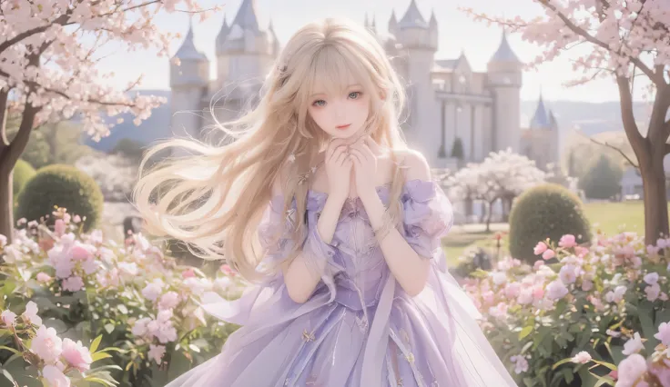 Masterpiece, Best Quality, Top Quality, Very Detailed, 1 girl, Beautiful anime princess with long flowing golden hair, wearing elegant lavender dress with floral details, standing in a blooming flower garden, medieval castle in background, soft warm sunlig...