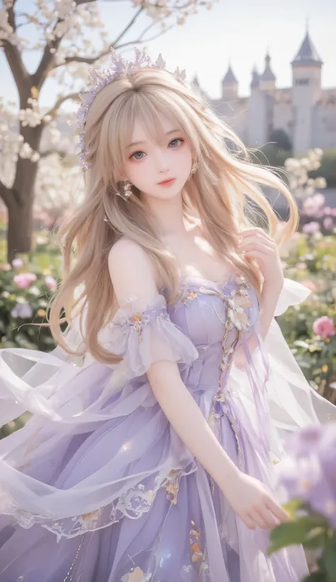 Masterpiece, Best Quality, Top Quality, Very Detailed, 1 girl, Beautiful anime princess with long flowing golden hair, wearing elegant lavender dress with floral details, standing in a blooming flower garden, medieval castle in background, soft warm sunlig...