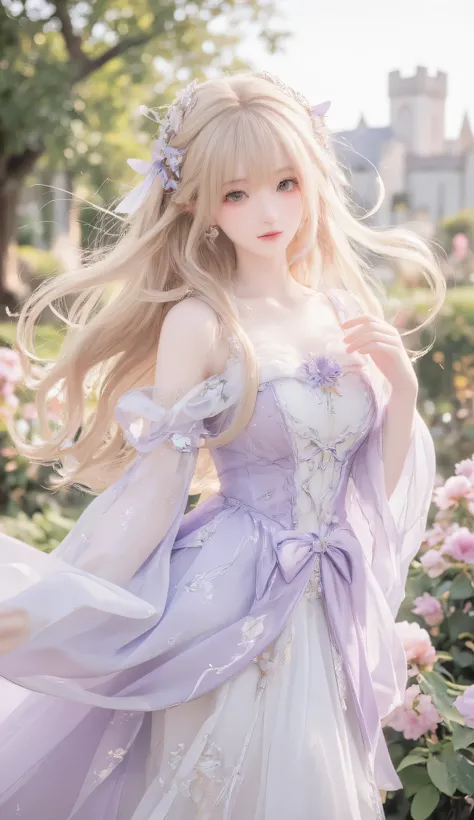Masterpiece, Best Quality, Top Quality, Very Detailed, 1 girl, Beautiful anime princess with long flowing golden hair, wearing elegant lavender dress with floral details, standing in a blooming flower garden, medieval castle in background, soft warm sunlig...