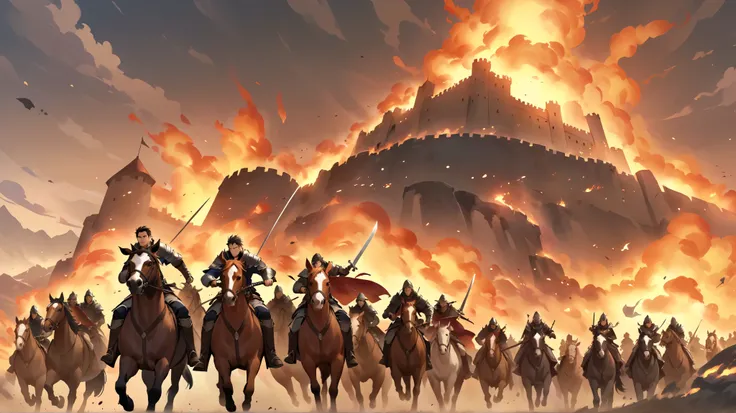 fantasy。middle ages。A young male warrior riding a horse and holding a sword while facing the enemy on the battlefield。A warrior who runs through a battlefield on horseback。The castle is burning in the distance。war。count4people。Enemies are coming。anime styl...
