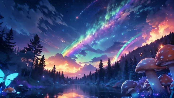 rainbow,超high image quality,high image quality,high quality DVD,Enchanted Mysterious Forest , (Lots of neon colored butterflies),Majestic Atmosphere, Pure blue water river fountain, Golden Mini Fairy, (((Many mushrooms that emit fluorescent blue light rele...