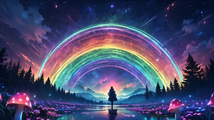 rainbow,超high image quality,high image quality,High quality DVD,Enchanting Mystical Forest , (Neon colored butterflies), Majestic Atmosphere , Clear Blue Water Fountains, Golden Mini Fairy, ((Fluorescent Mushrooms Glowing Pollen)), Very beautiful scenery ...