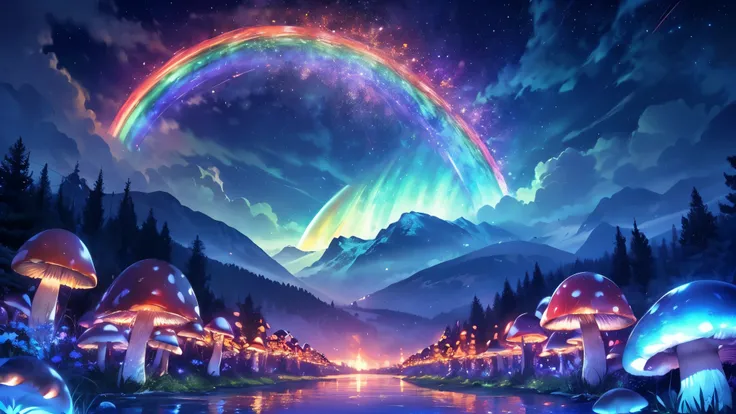 rainbow,超high image quality,high image quality,high quality DVD,Enchanted Mysterious Forest , (Lots of neon colored butterflies),Majestic Atmosphere, Pure blue water river fountain, Golden Mini Fairy, (((Many mushrooms that emit fluorescent blue light rele...
