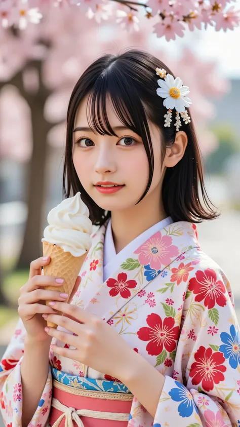 A mesmerizingly beautiful European woman with large, sparkling eyes and a dazzling smile (1.3), her mouth wide open in pure joy as she holds a soft serve ice cream cone (1.2), a small dollop of ice cream visible inside her mouth (1.2). She is adorned in an...