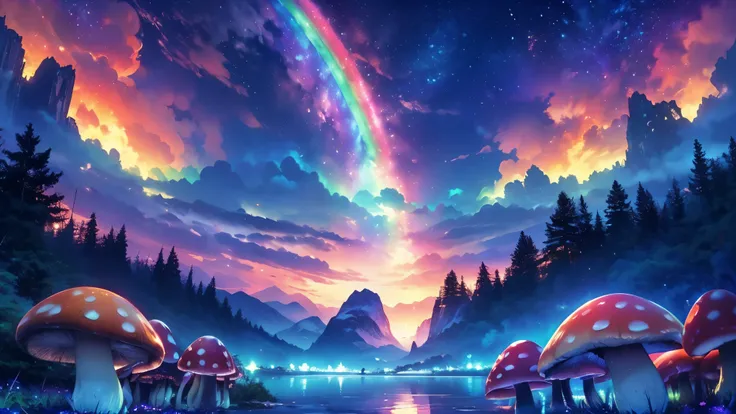 rainbow,超high image quality,high image quality,high quality DVD,Enchanted Mysterious Forest , (Lots of neon colored butterflies),Majestic Atmosphere, Pure blue water river fountain, Golden Mini Fairy, (((Many mushrooms that emit fluorescent blue light rele...