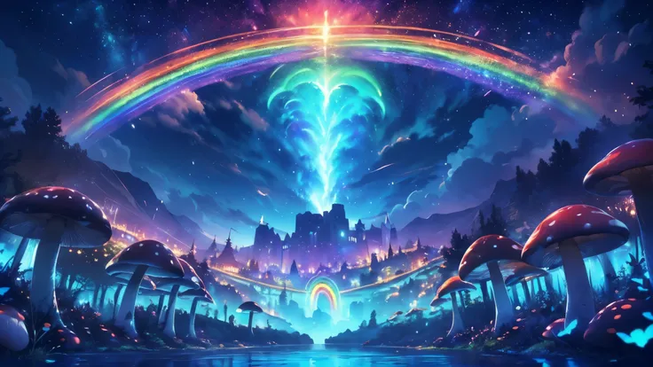 rainbow,超high image quality,high image quality,high quality DVD,Enchanted Mysterious Forest , (Lots of neon colored butterflies),Majestic Atmosphere, Pure blue water river fountain, Golden Mini Fairy, (((Many mushrooms that emit fluorescent blue light rele...