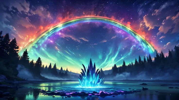 rainbow,超high image quality,high image quality,high quality DVD,Enchanted Mysterious Forest , (Lots of neon colored butterflies),Majestic Atmosphere, Pure blue water river fountain, Golden Mini Fairy, (((emits fluorescent blue, lots of succinants Agave glo...