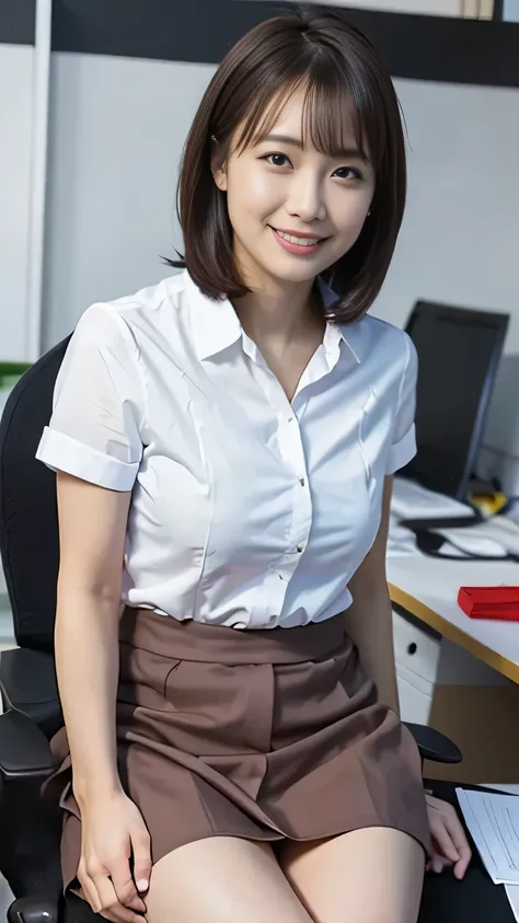 Best Quality, masterpiece, Beautiful Japanese Women, ((30's, Office compatible, tight short skirt))), (((39 years old))), ((Inside the office)), Big Breasts