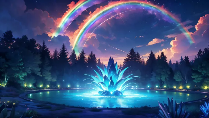 rainbow,超high image quality,high image quality,high quality DVD,Enchanted Mysterious Forest , (Lots of neon colored butterflies),Majestic Atmosphere, Pure blue water river fountain, Golden Mini Fairy, (((emits fluorescent blue, lots of succinants Agave glo...