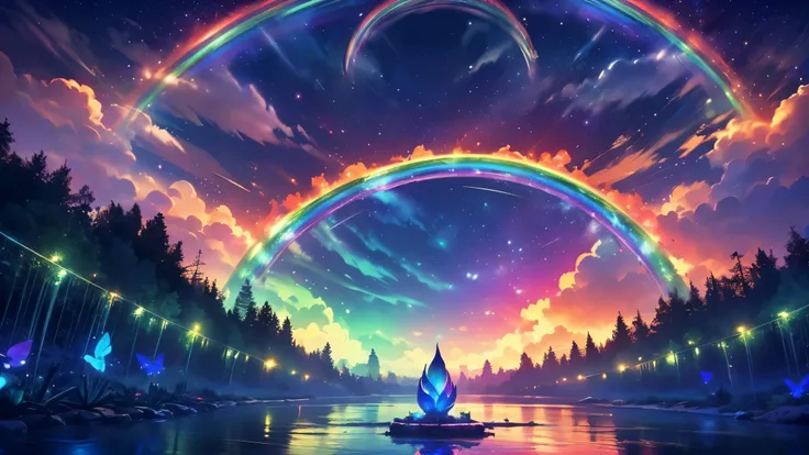 rainbow,超high image quality,high image quality,high quality DVD,Enchanted Mysterious Forest , (Lots of neon colored butterflies),Majestic Atmosphere, Pure blue water river fountain, Golden Mini Fairy, (((emits fluorescent blue, lots of succinants Agave glo...
