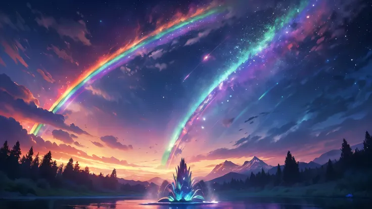 rainbow,超high image quality,high image quality,high quality DVD,Enchanted Mysterious Forest , (Lots of neon colored butterflies),Majestic Atmosphere, Pure blue water river fountain, Golden Mini Fairy, (((emits fluorescent blue, lots of succinants Agave glo...