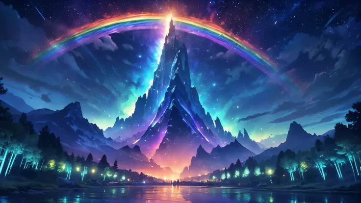 rainbow,超high image quality,high image quality,high quality DVD,Enchanted Mysterious Forest , (Lots of neon colored butterflies),Majestic Atmosphere, Pure blue water river fountain, Golden Mini Fairy, (((emits fluorescent blue, lots of succinants Agave glo...