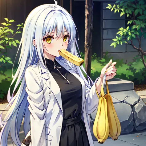 She is holding a banana with its peel partially removed, revealing the white fruit inside. She is eating the exposed white part. White hair, long hair, yellow eyes.