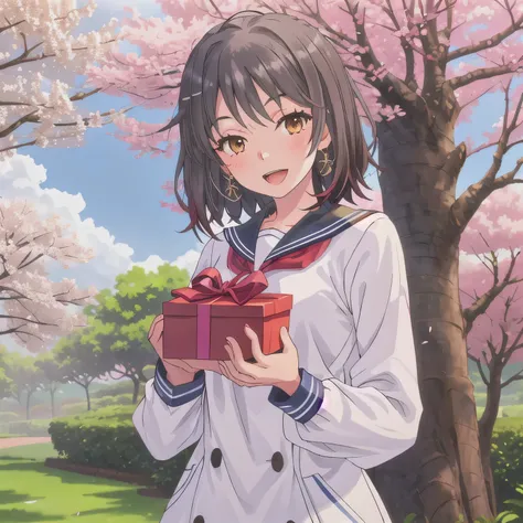 A breathtakingly beautiful 20-year-old woman stands in a lush park filled with cherry blossoms in full bloom beneath a clear blue sky. She wears a classic sailor uniform and gently holds a small, neatly wrapped gift box adorned with a red ribbon. Her radia...