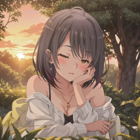 A breathtakingly beautiful 20-year-old woman stands in a lush green park at sunset, bathed in the warm golden light of the evening sun. Facing forward, her eyes gently closed, cheeks slightly flushed, and her face tilted upward as if anticipating a kiss, s...