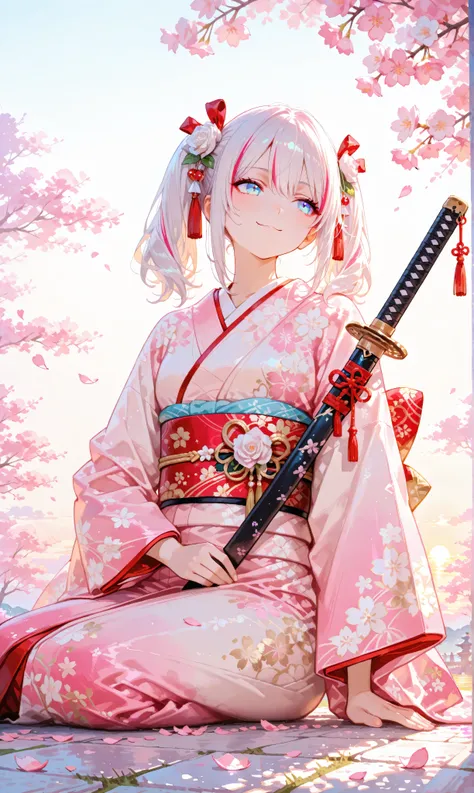 A single girl with lustrous, jet-black twin tails adorned with faint white highlights, tied with ribbons, dressed in an exquisite kimono featuring traditional Japanese floral motifs, her striking blue eyes glowing with quiet strength. She sits on the groun...