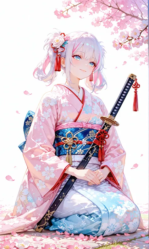 A lone girl with long, jet-black twin tails adorned with delicate white highlights, tied with ribbons, wearing an intricately designed kimono featuring Japanese floral patterns, her striking blue eyes shimmering with quiet resolve. She sits on the ground, ...
