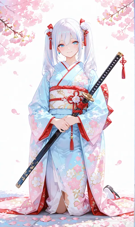 A single girl with long, glossy black twin tails adorned with faint white highlights, fastened with ribbons, wearing a graceful kimono featuring delicate Japanese designs, her piercing blue eyes shining with quiet optimism. She rests on the ground, a katan...