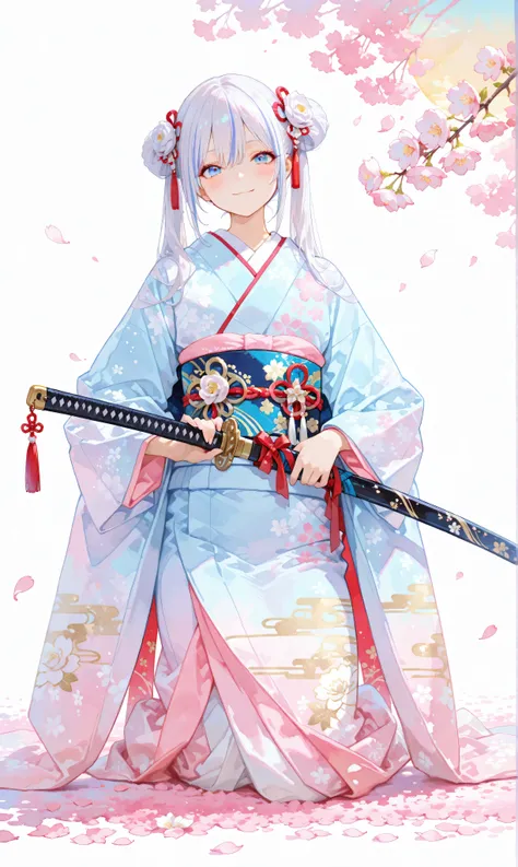 One girl with glossy, jet-black twin tails accented with thin white highlights, secured by ribbons, dressed in an elegant kimono adorned with traditional Japanese patterns, her striking blue eyes shimmering with resolve. She is seated on the ground, a kata...