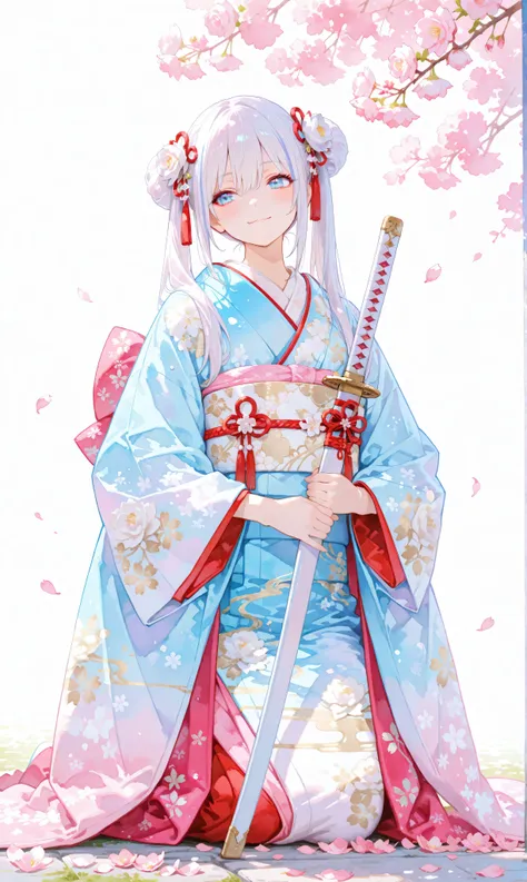 One girl with glossy, jet-black twin tails accented with thin white highlights, secured by ribbons, dressed in an elegant kimono adorned with traditional Japanese patterns, her striking blue eyes shimmering with resolve. She is seated on the ground, a kata...