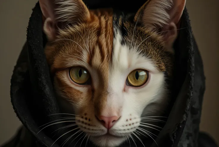 The image shows a fascinating combination of: half of the girl's face and half of the cat's face, connected like this, that their features are harmonious merge into a single whole.
Their eyes attract special attention — they are the same color, deep and e...