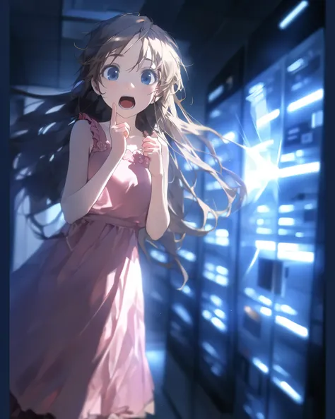 (((Girl who blocks her ears, opens her eyes open and screams:1.3)))、sleeveless、close-up、((Inside the dark server room:1.3))、masterpiece, anatomically correct, accurate, in the same style as the sample, highest quality, details, High details, (((pink dress)...