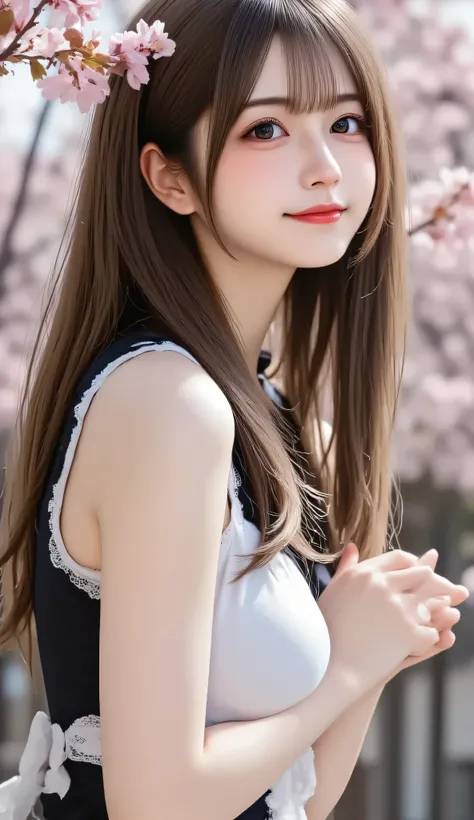 Japanese woman、20th Generation、 University Graduation Ceremony 、Hakama、Cherry blossom trees、cherry blossoms fluttering in the wind、University auditorium in the background、I'm holding my diploma with both hands、black hair、long hair、hair fluttering in the wi...