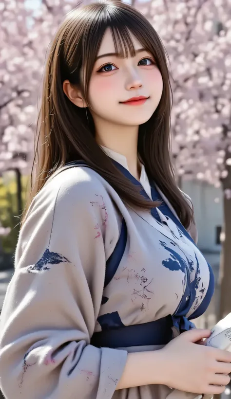 Japanese woman、20th Generation、 University Graduation Ceremony 、Hakama with arrow pattern、Cherry blossom trees、cherry blossoms fluttering in the wind、University auditorium in the background、I'm holding my diploma with both hands、black hair、long hair、hair f...