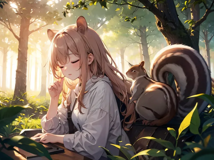 Sleeping squirrel parent and ,forest,nature,relax,peace,fantasy,4K,8k,high resolution,masterpiece,is extremely tight,warm and cozy,high resolution,超high resolution,studio lighting,High quality DVD, bright,Bokeh