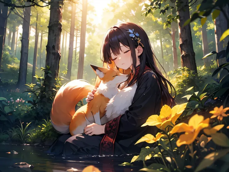 Sleeping fox parents ,forest,nature,relax,peace,fantasy,4K,8k,high resolution,masterpiece,is extremely tight,warm and cozy,high resolution,超high resolution,studio lighting,High quality DVD, bright,Bokeh
